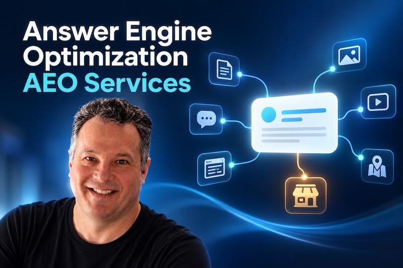 Aaron Lev, answer engine optimization (AEO) consultant, beside a diagram of content flowing into an AI answer